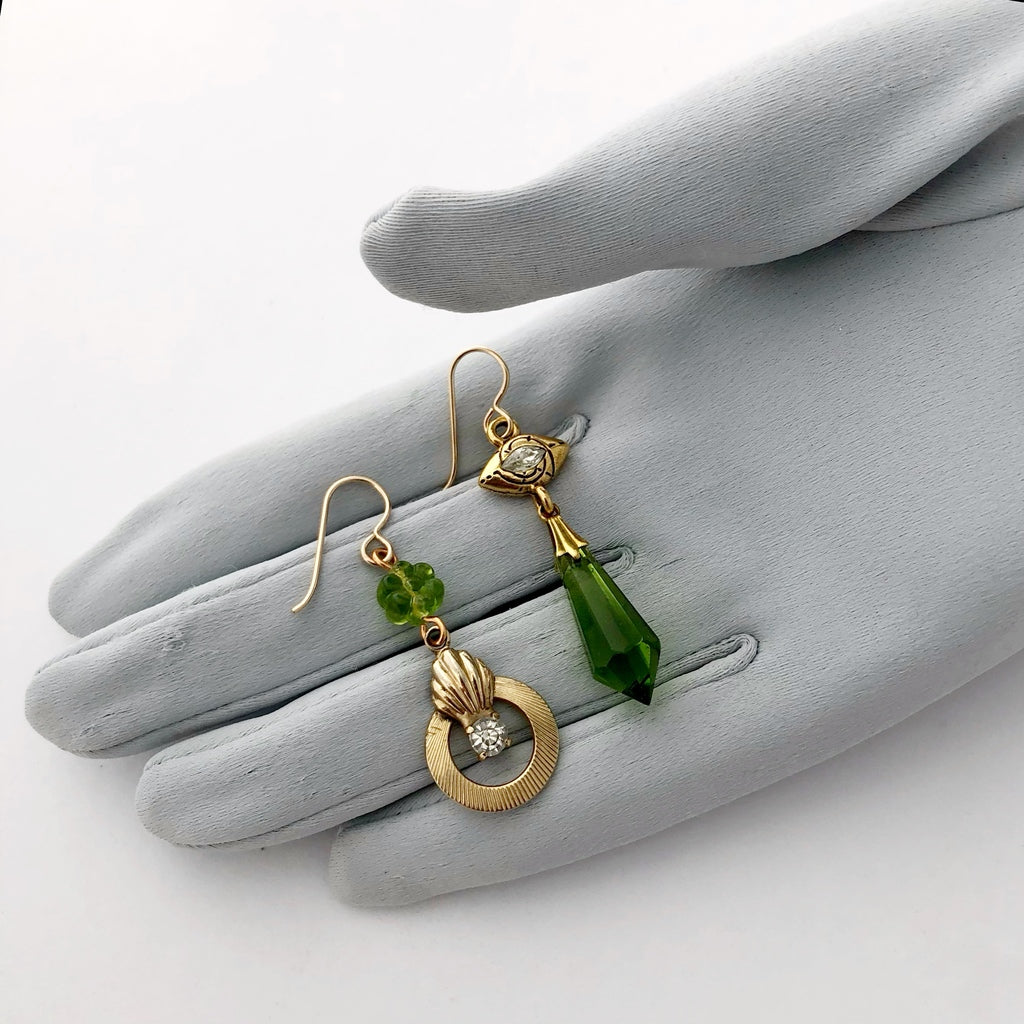 Asymmetric vintage olivine and gold earrings