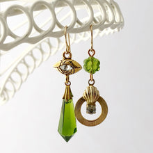 Load image into Gallery viewer, Asymmetric vintage olivine and gold earrings
