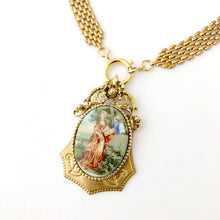 Load image into Gallery viewer, close up of front opening necklace with medieval revival style romantic pendant on a white background

