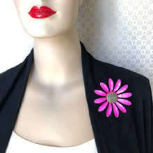 Load image into Gallery viewer, reimagined-vintage-hot-pink-daisy-brooch-with-button-centre-worn-by-mannequin
