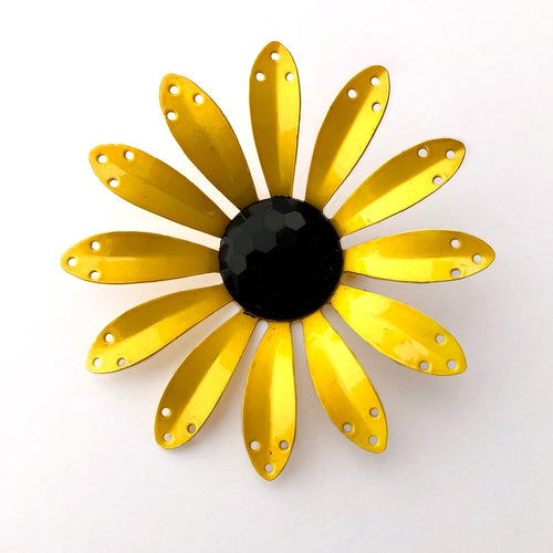 reimagined-vintage-daisy-stamping-brooch-in yellow-with-black-button-centre